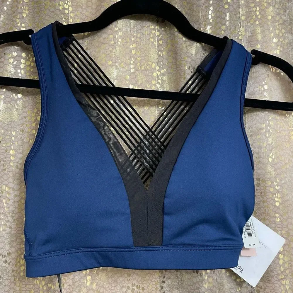 Victorias Secret Sport Navy Blue Black V neck Cross Back Sports Bra Small NWT